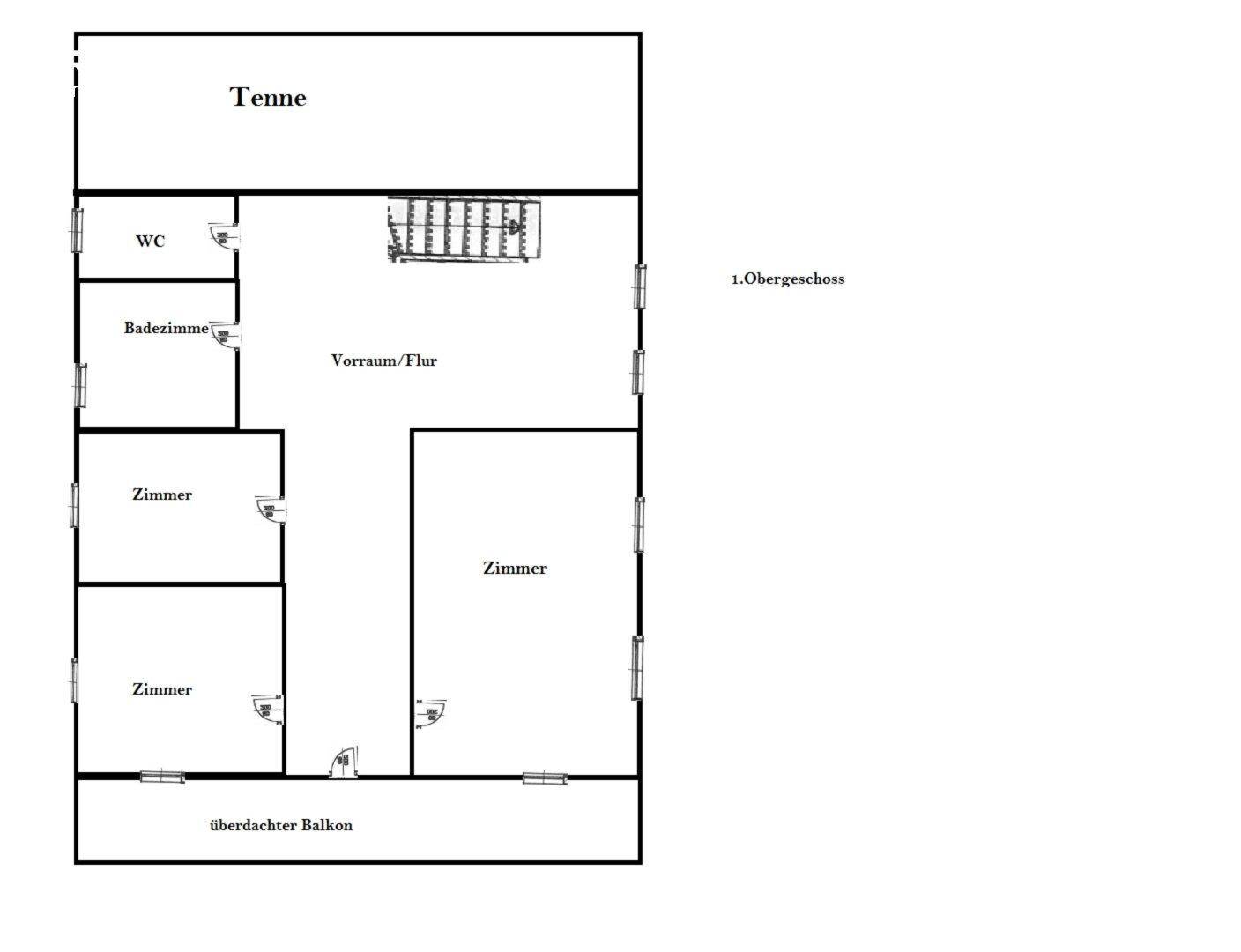Grundriss des ersten Obergeschosses mit großem offenem Bereich, Badezimmer, WC und überdachtem Balkon.