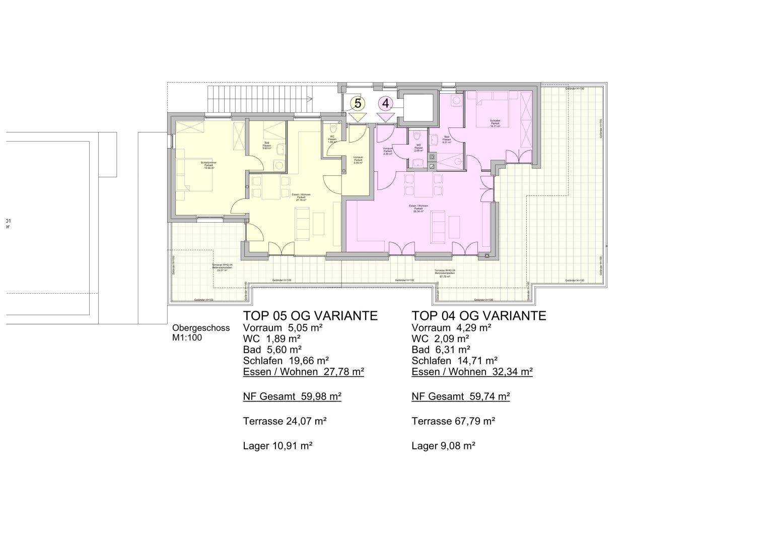 Grundrissvarianten für zwei Obergeschosswohnungen mit Terrassen, Balkonen und Lagerräumen.