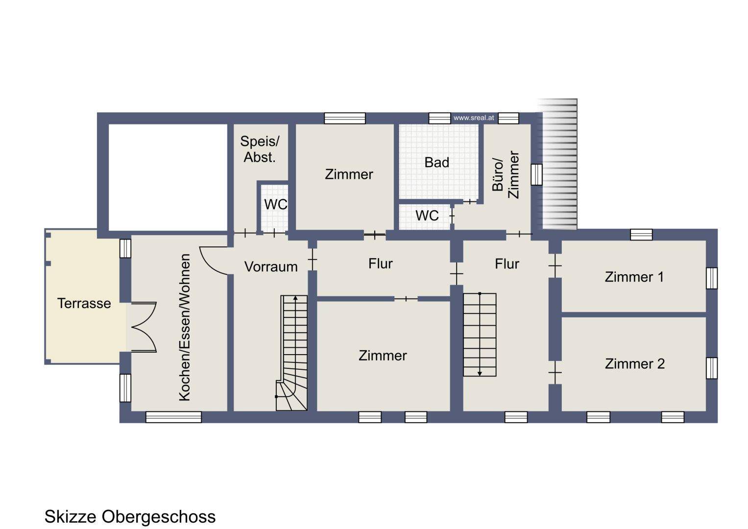 Grundriss des Obergeschosses mit Wohn-/Essbereich, Küche, Schlafzimmern und Bädern.