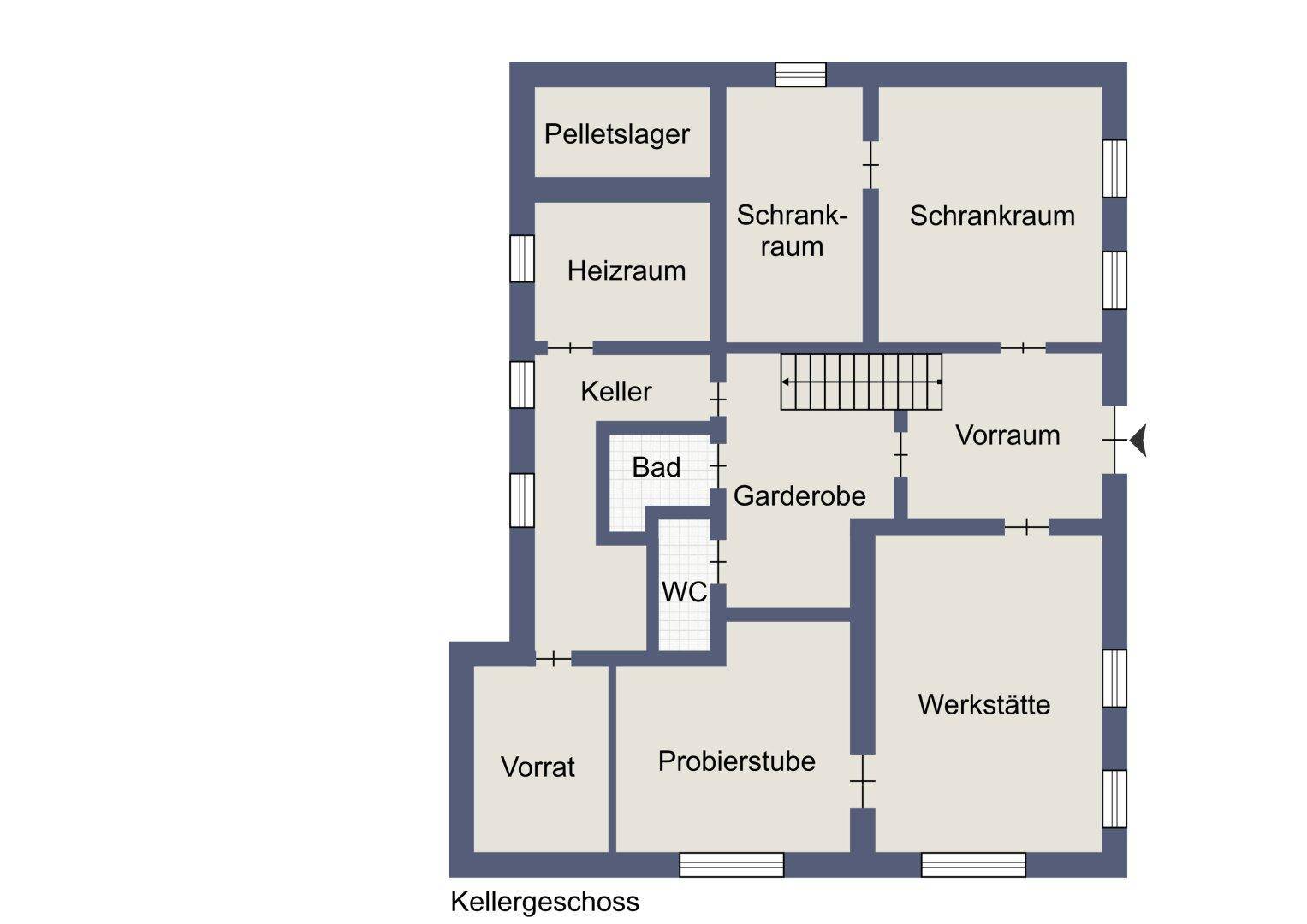 Grundriss des Kellergeschosses mit Lagerräumen, Heizraum und Werkstatt.