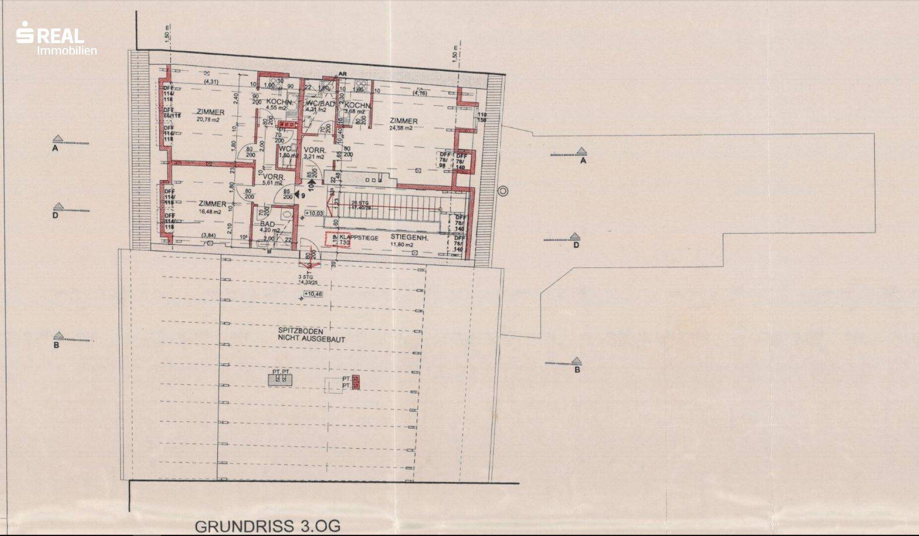 Grundriss des dritten Obergeschosses mit Zimmern, Bädern und einem nicht ausgebauten Spitzboden.