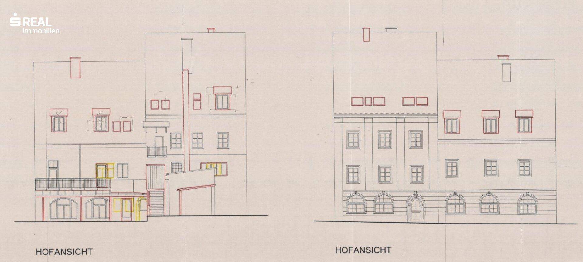 Hofansichten des Gebäudes zeigen die Fassadengestaltung und Fensteranordnung.