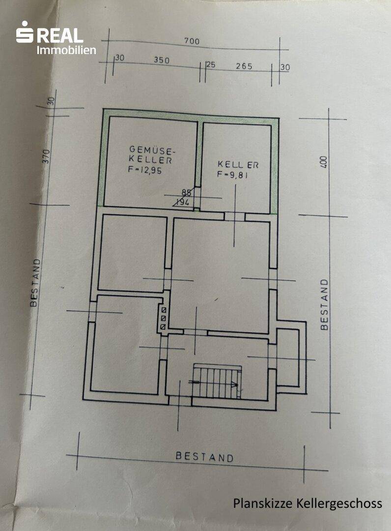 Grundriss des Kellergeschosses mit Gemüse- und allgemeinem Kellerraum.