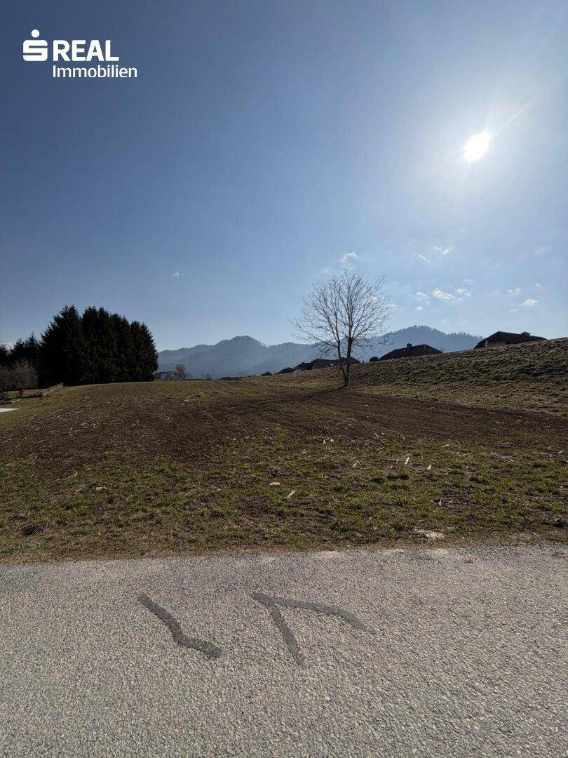 Offenes Grundstück mit sonniger Ausrichtung und beeindruckendem Bergpanorama im Hintergrund.