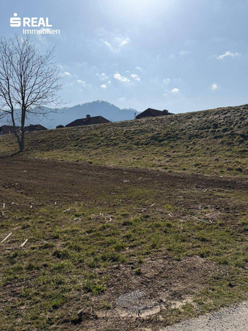 Hügeliges Grundstück mit Blick auf die Dächer der Nachbarhäuser und die dahinterliegenden Berge.