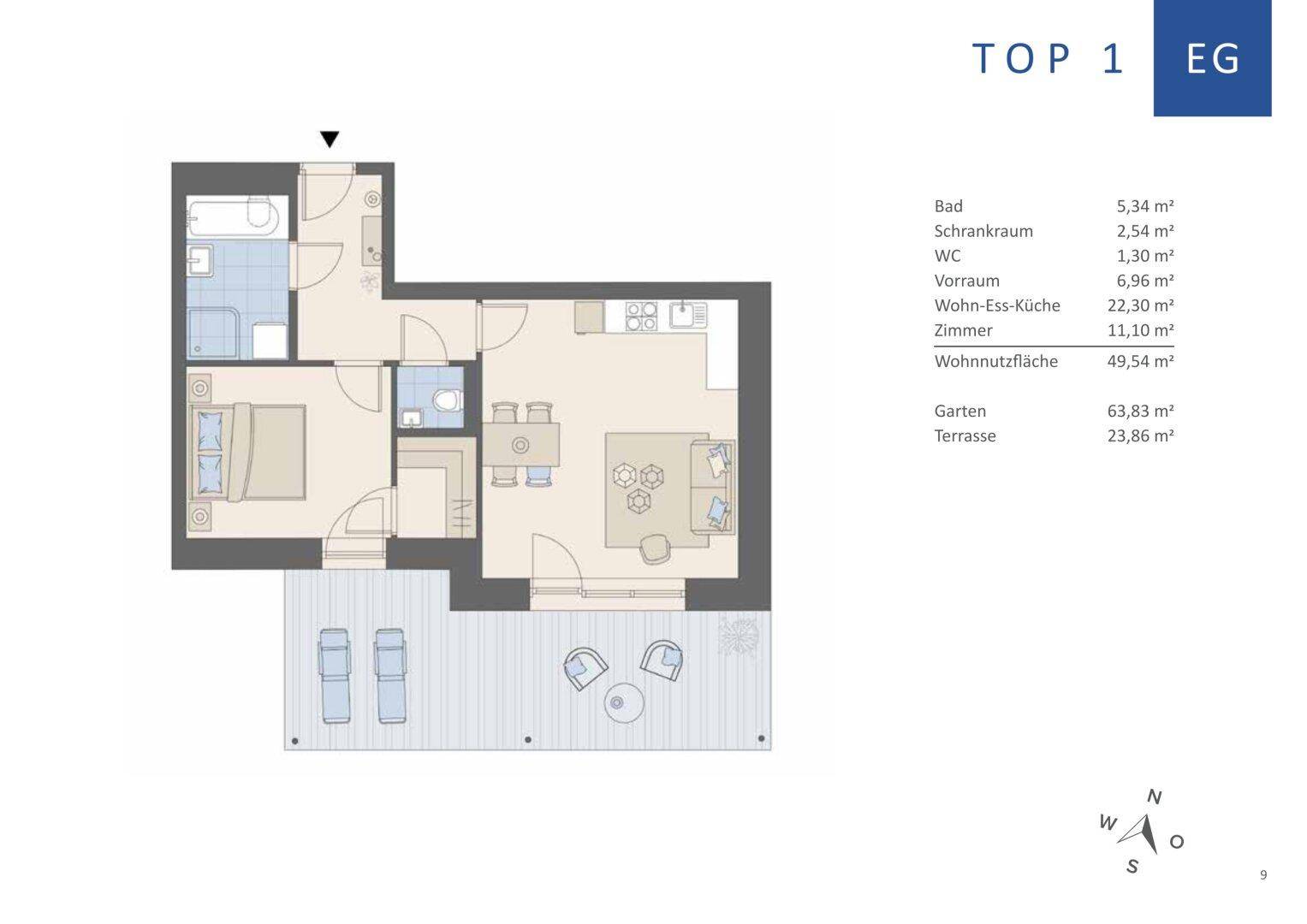 Grundriss der Wohnung mit offenem Wohn-Essbereich, Schlafzimmer, Bad, WC, Garten und Terrasse.