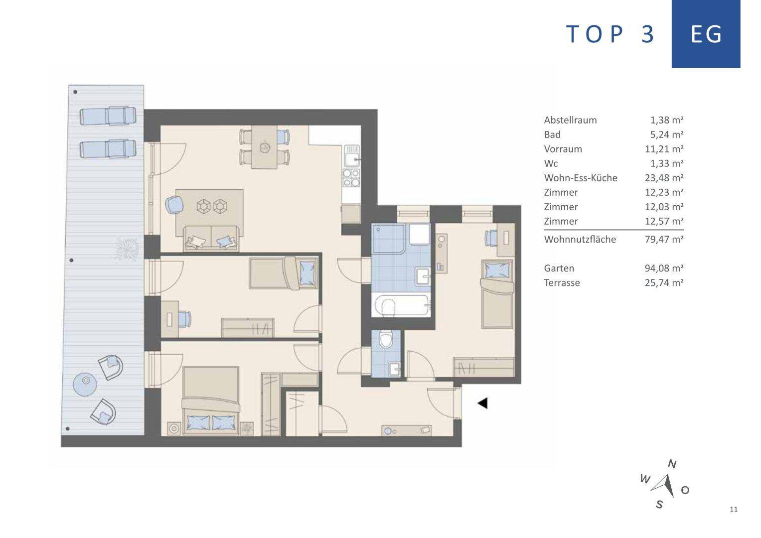 Grundriss einer Wohnung mit offenem Wohnbereich, mehreren Zimmern, Bad, WC, Garten und Terrasse.