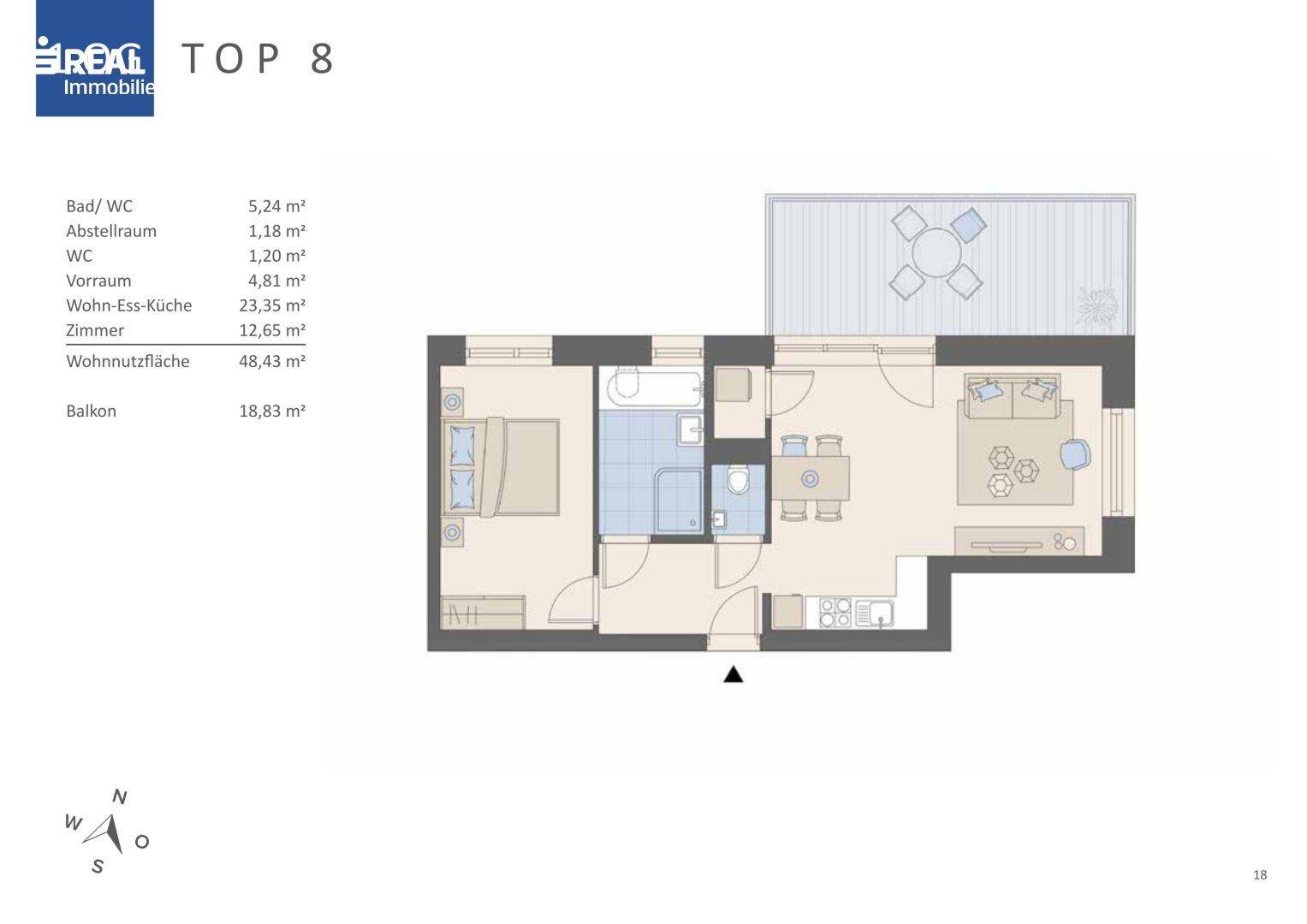 Grundriss einer Wohnung mit Wohn-Ess-Küche, Schlafzimmer und Balkon.