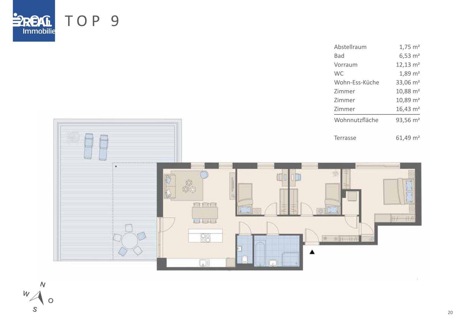 Grundriss der Wohnung TOP 9 mit Wohn-Ess-Küche und großer Terrasse.