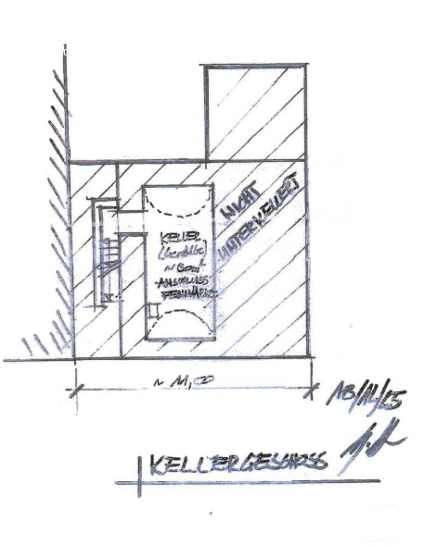 Handgezeichneter Grundriss des Kellergeschosses mit Lagerraum und nicht unterkellertem Bereich.