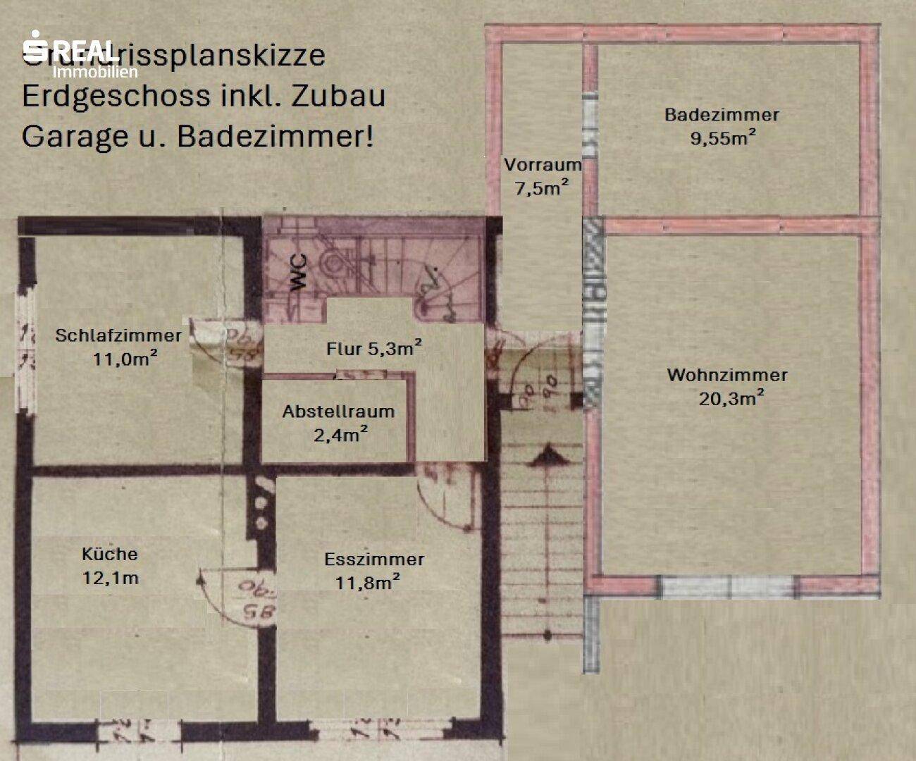 Grundriss Erdgeschoss mit Schlafzimmer, Küche, Esszimmer, Wohnzimmer und Bad.