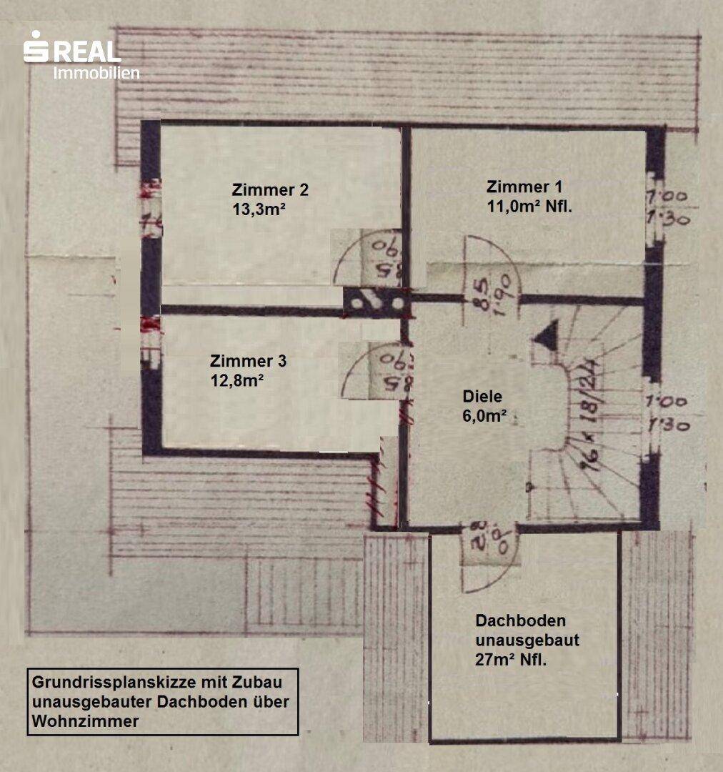 Grundriss Obergeschoss mit drei Zimmern und unausgebautem Dachbodenbereich.