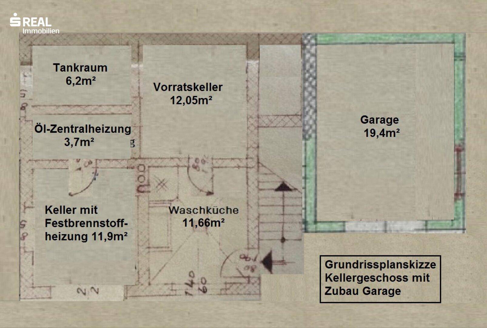 Grundriss Kellergeschoss mit Tankraum, Vorratskeller, Waschküche und Garage.