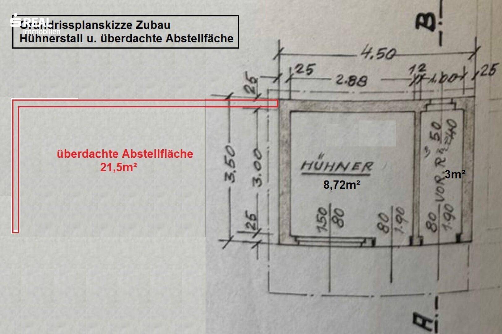 Grundrissplan für einen Hühnerstall und eine überdachte Abstellfläche.