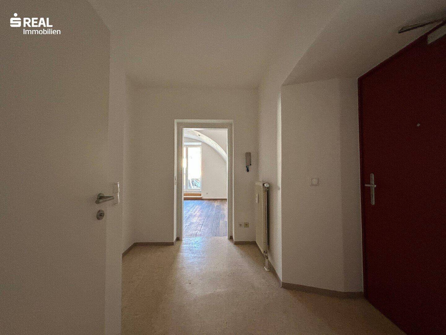 Eingangsbereich mit dunkler Tür und Blick in den hellen Wohnbereich.