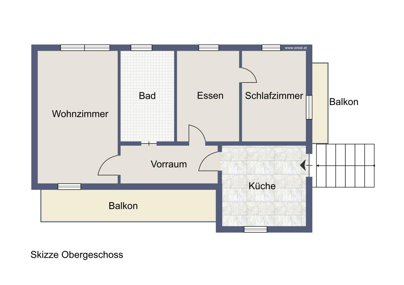Grundriss des Obergeschosses mit Wohnzimmer, Bad, Esszimmer, Schlafzimmer, Küche und Balkonen.