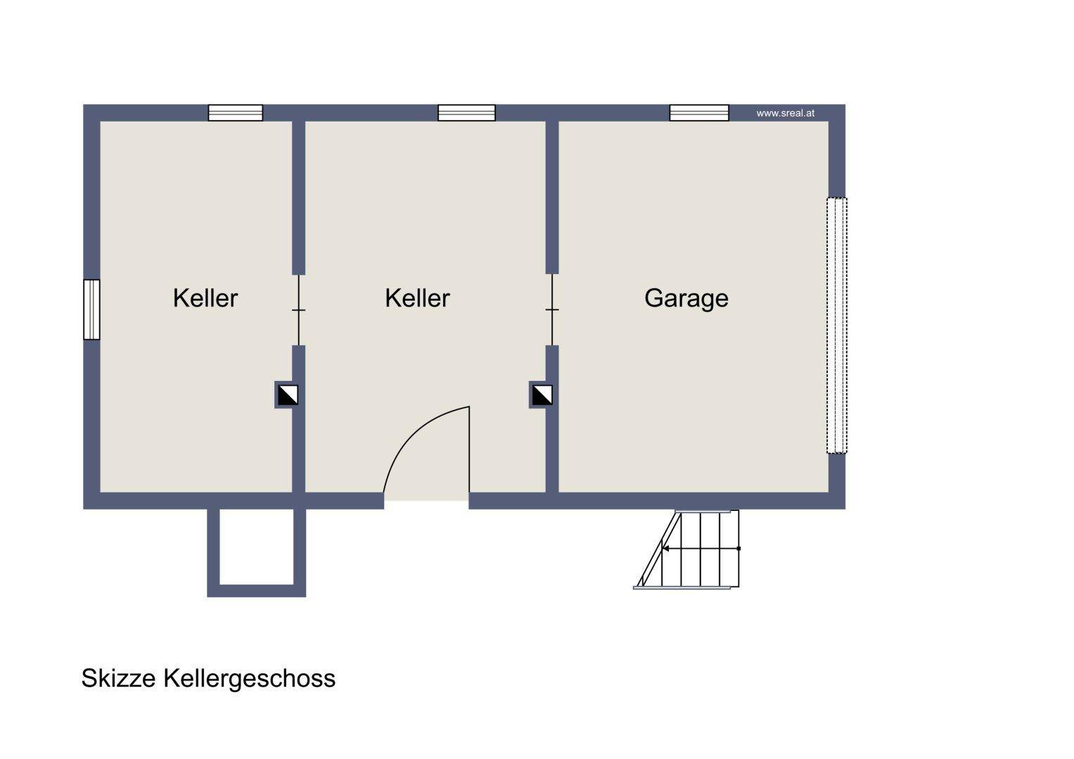 Grundriss des Kellergeschosses mit zwei Kellerräumen und einer Garage für Fahrzeuge.