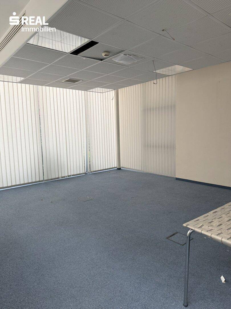 Geräumiges Büro mit Teppichboden, vertikalen Jalousien und abgehängter Decke.