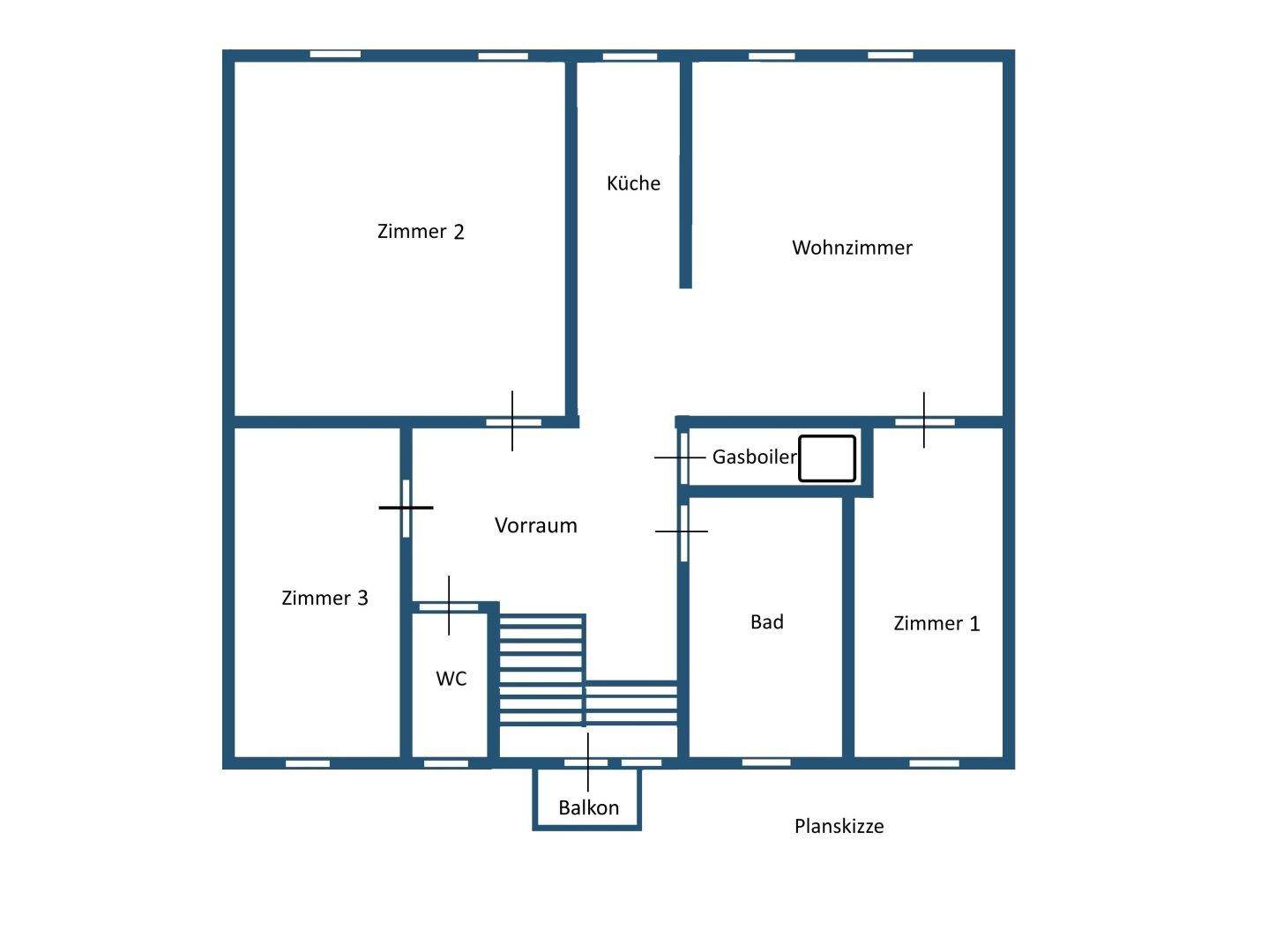 Grundriss einer Wohnung mit drei Zimmern, Küche, Bad, WC und Balkon.