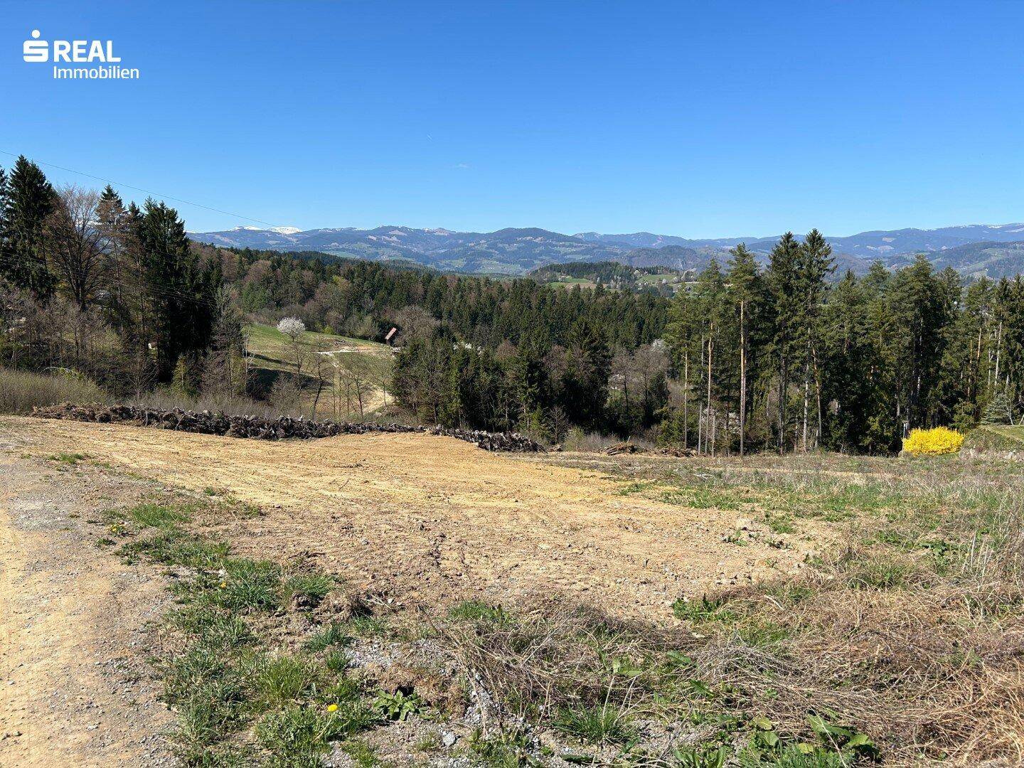 Großzügiges Baugrundstück mit weitem Blick über Wälder und sanfte Hügel unter blauem Himmel.