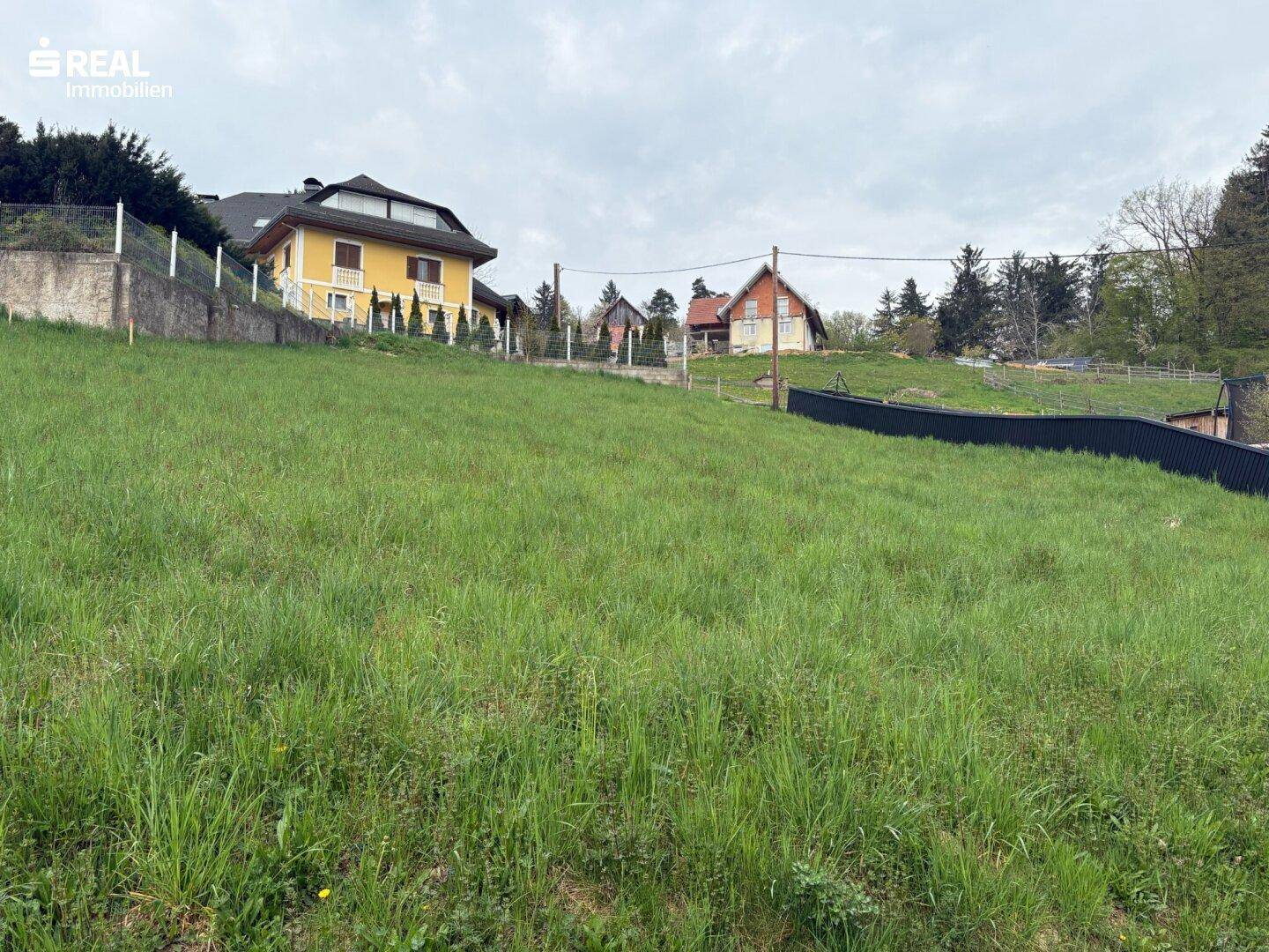 Offenes grünes Gelände mit sanftem Hang und Wohngebäuden im Hintergrund bei bedecktem Wetter.
