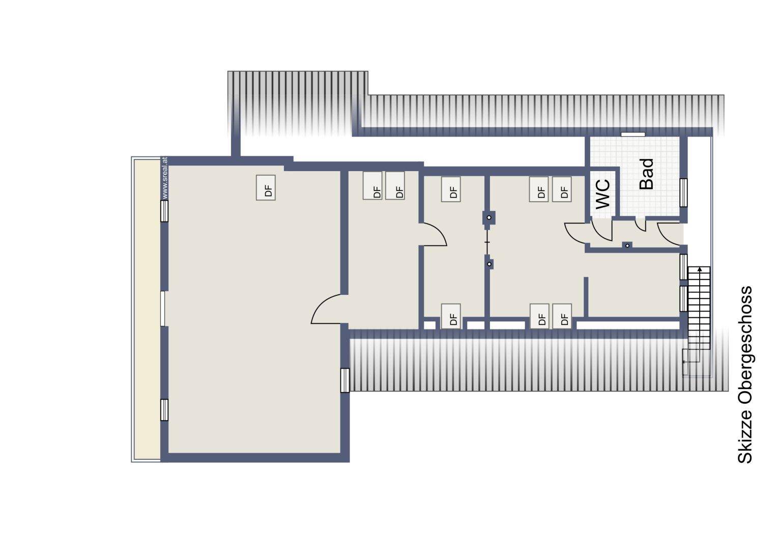 Grundriss-Skizze des Obergeschosses mit Schlafzimmern, Bad, WC und Dachschrägen.
