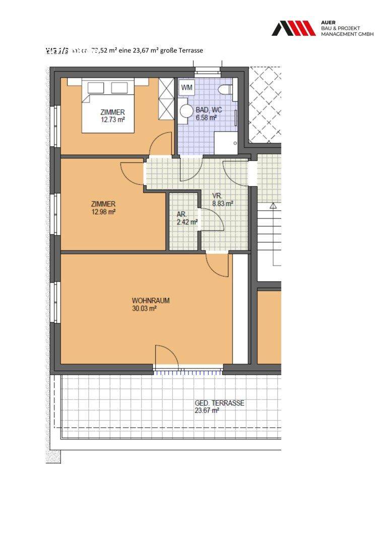 Grundriss einer Wohnung mit Wohnraum, Schlafzimmern, Bad und einer überdachten Terrasse.