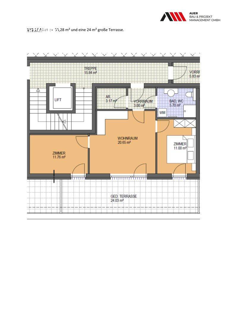 Grundriss einer Wohnung mit Wohnraum, zwei Zimmern, Bad und einer überdachten Terrasse.