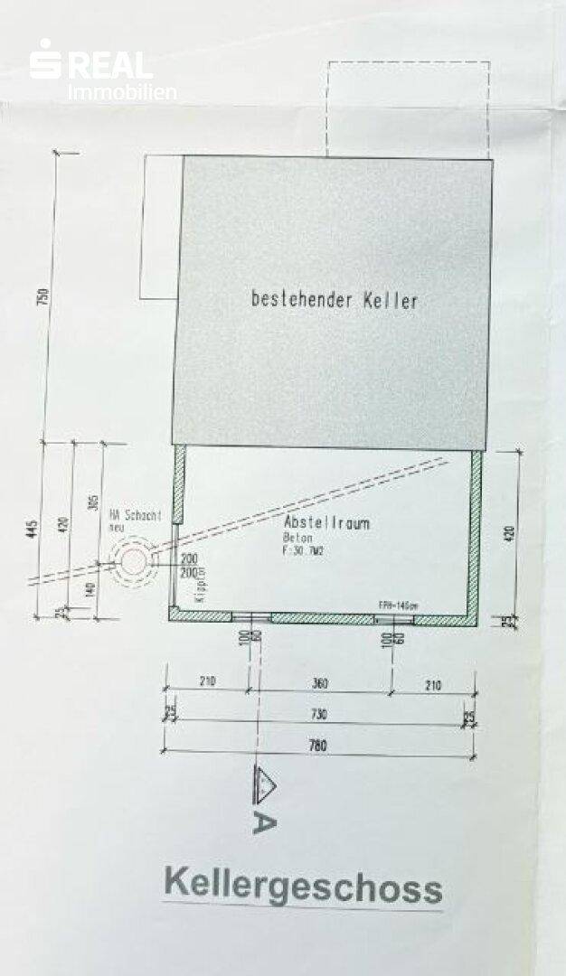 Grundriss des Kellergeschosses mit bestehendem Keller und Abstellraum.