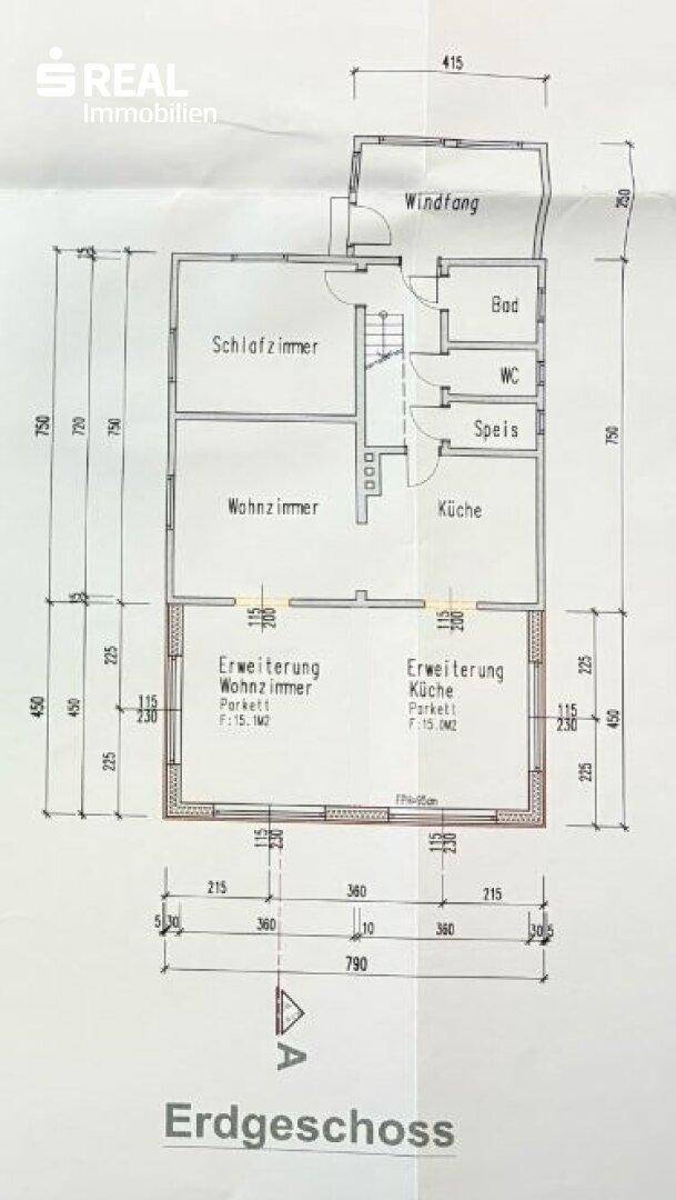 Grundriss des Erdgeschosses mit Schlafzimmer, Wohnzimmer, Küche und Bad.