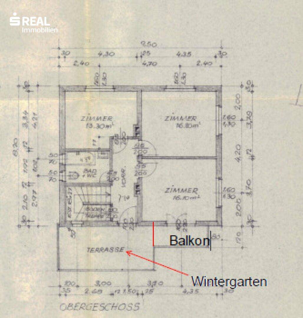 Grundriss des Obergeschosses mit zwei Zimmern, Bad, Terrasse und Wintergarten.