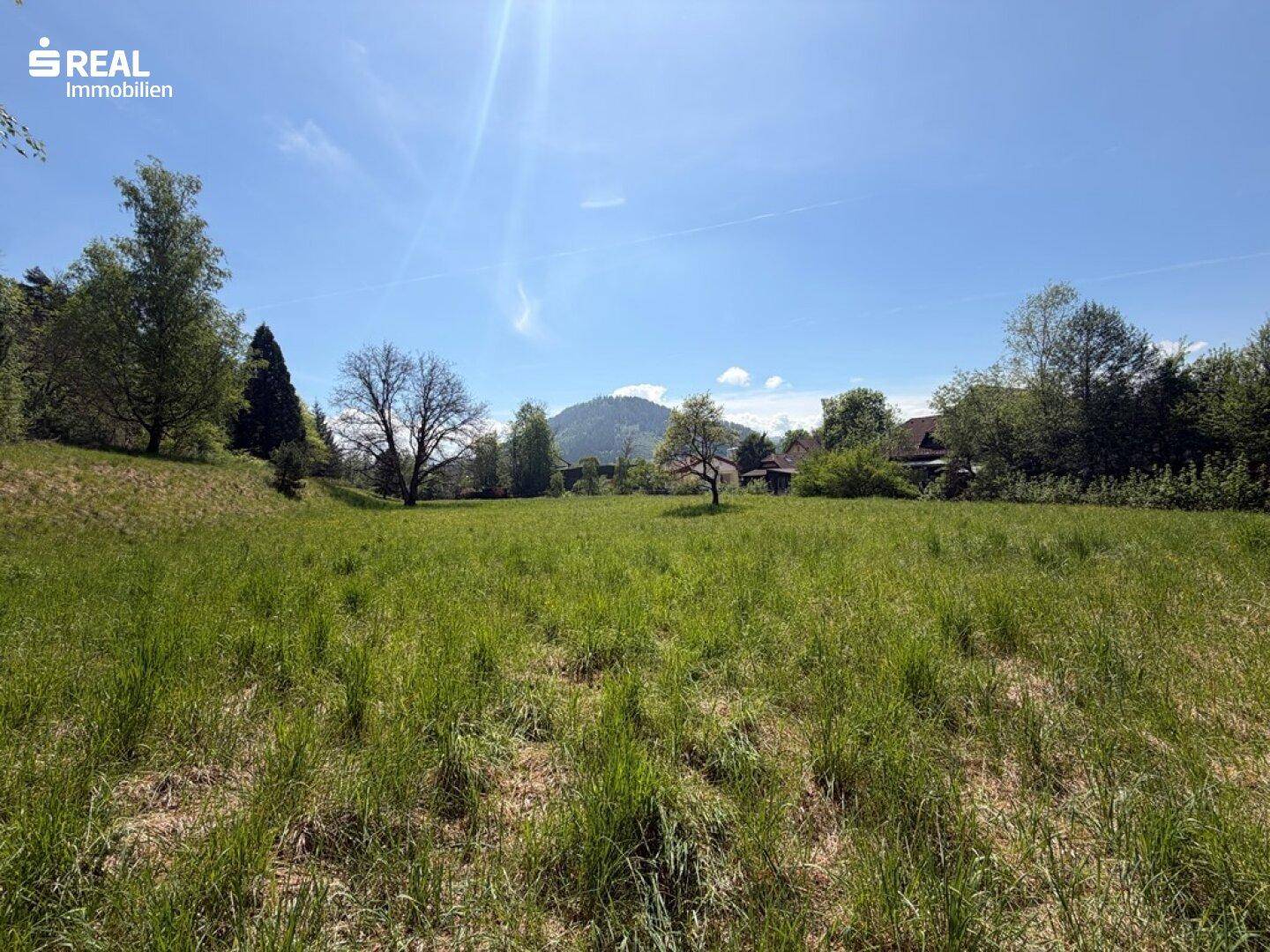 Weitläufiges grünes Grundstück mit Blick auf die umliegende Natur und Berge unter blauem Himmel.