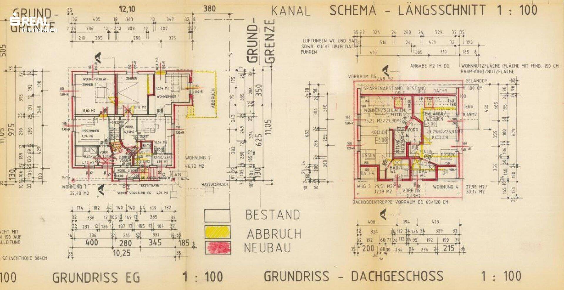 Detaillierter Grundriss des Erdgeschosses und Dachgeschosses mit Bestands- und Neubauflächen.