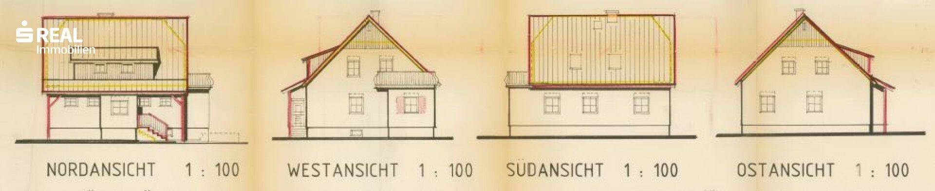 Architektonische Ansichten des Hauses von Norden, Westen, Süden und Osten im Maßstab 1:100.