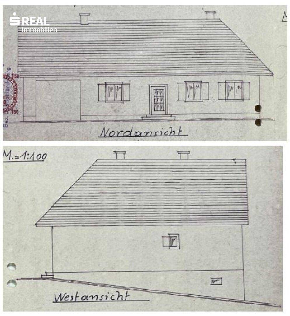 Architektonische Zeichnungen der Nord- und Westansicht des Gebäudes.