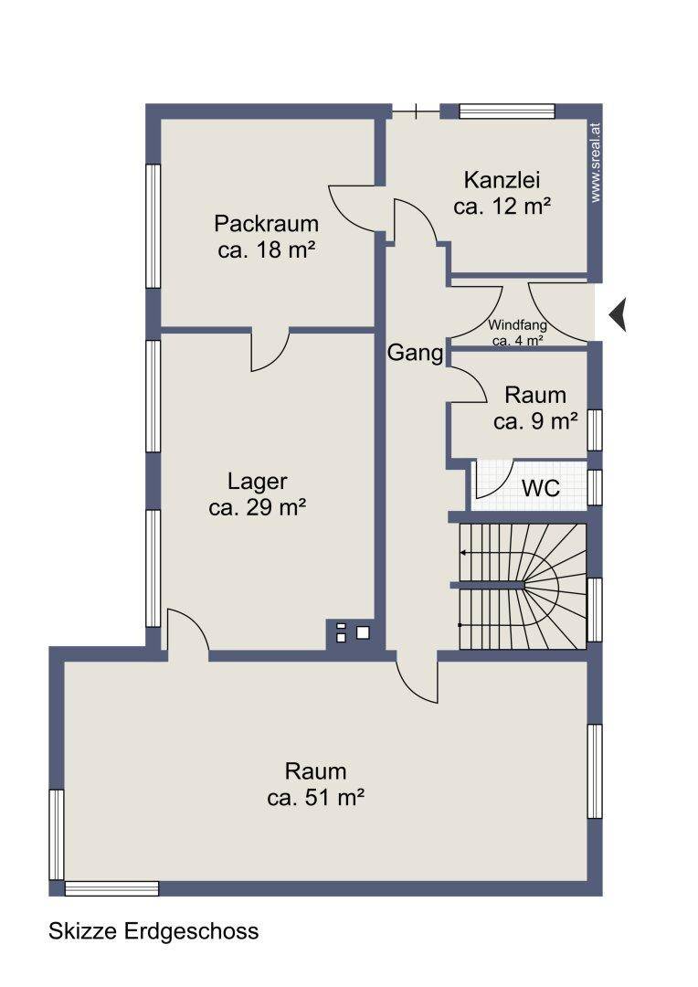 Grundriss des Erdgeschosses mit Büro, Lagerraum, Packraum, weiterem Raum und Gäste-WC.
