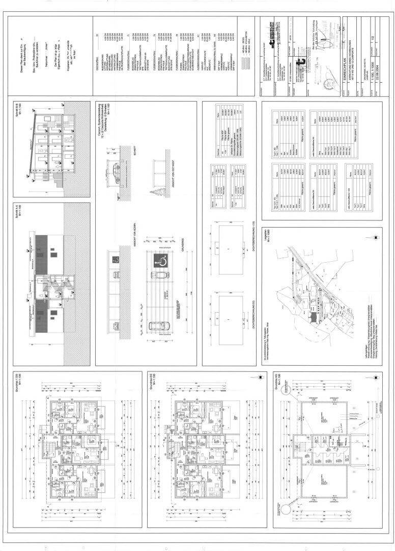 Übersicht verschiedener Baupläne und Details des Gebäudes, inklusive Grundrisse und Ansichten.