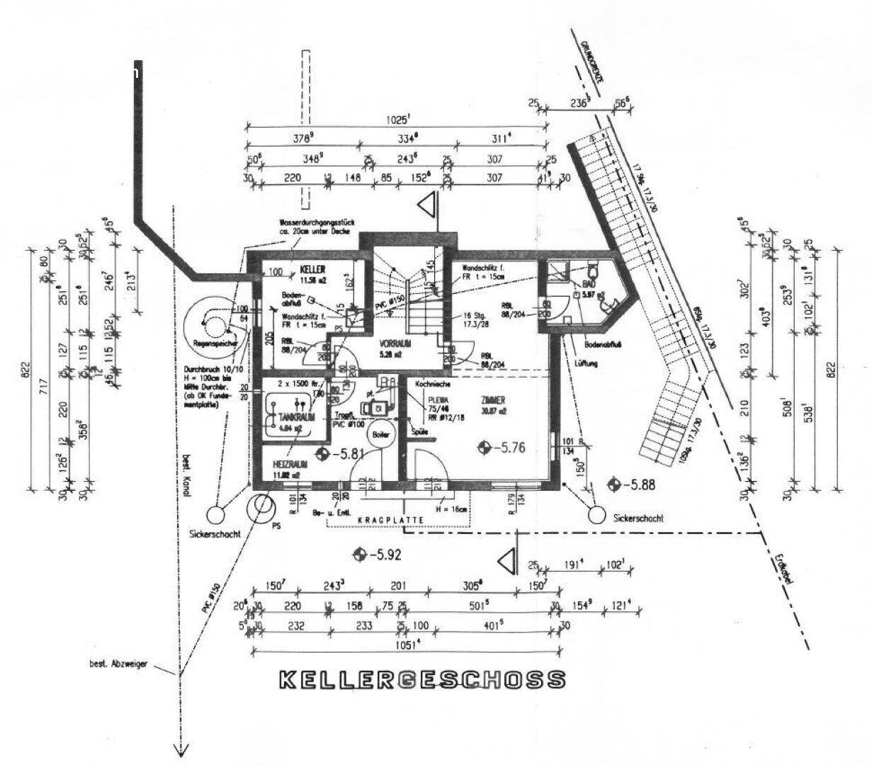 Grundriss des Kellergeschosses mit Heizraum und Abstellflächen.