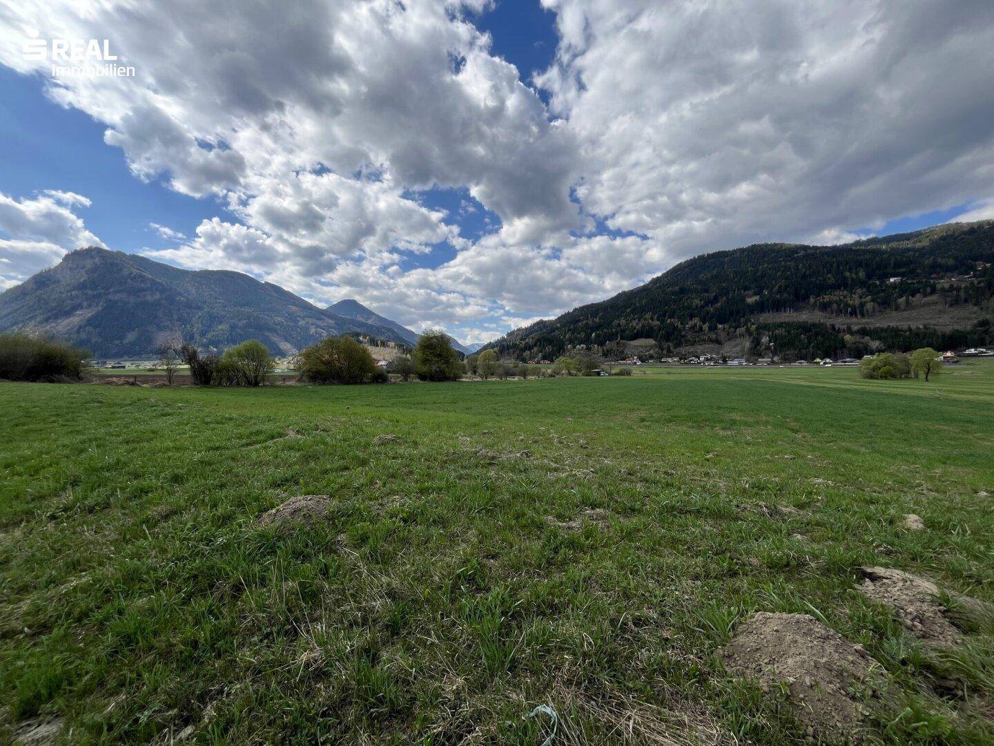 Weite grüne Wiesenlandschaft mit bewaldeten Bergen unter einem teilweise bewölkten Himmel.