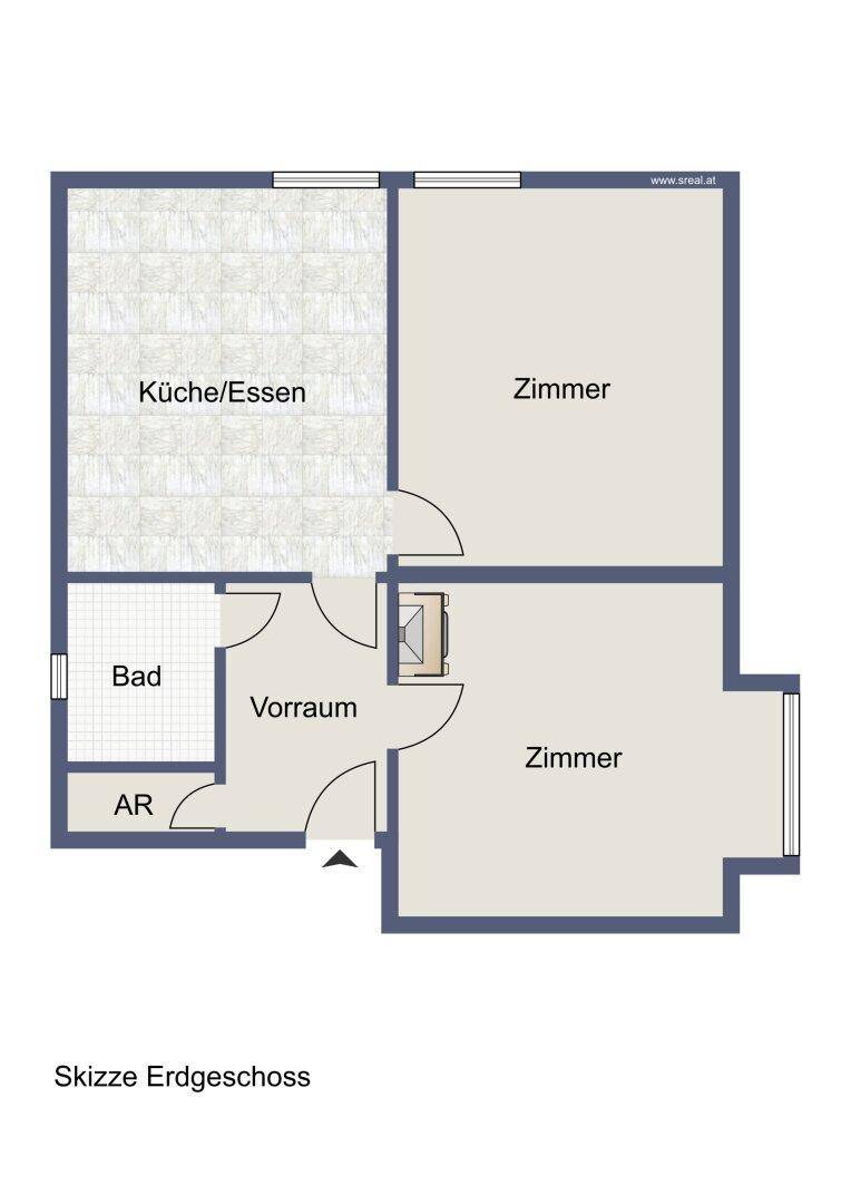 Grundriss des Erdgeschosses mit offener Küche/Essbereich, Bad, Vorraum und zwei weiteren Zimmern.