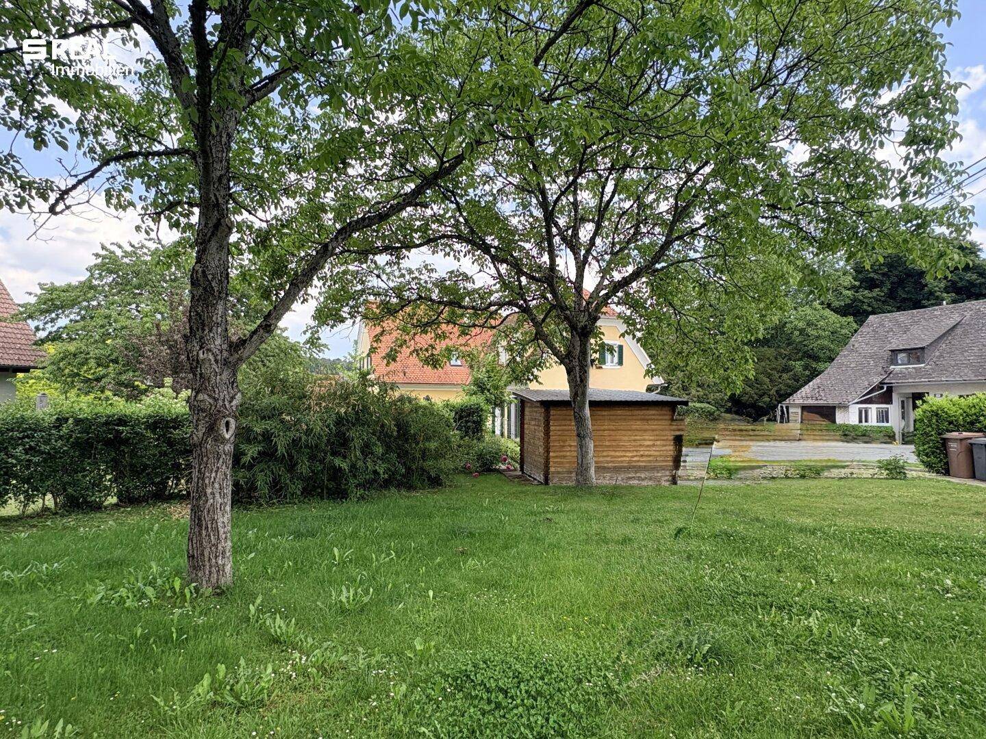 Grüner Gartenbereich mit Bäumen, Rasenfläche und einem kleinen Holzschuppen im Hintergrund.