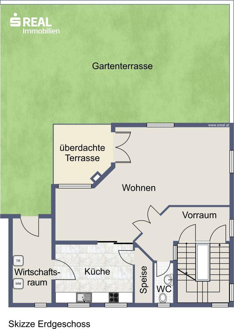 Grundriss Skizze des Erdgeschosses mit Wohnbereich, Küche, WC und Gartenterrasse.
