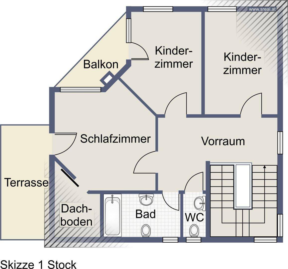Grundriss Skizze des ersten Stocks mit Schlafzimmer, Kinderzimmern, Bad und Balkon.
