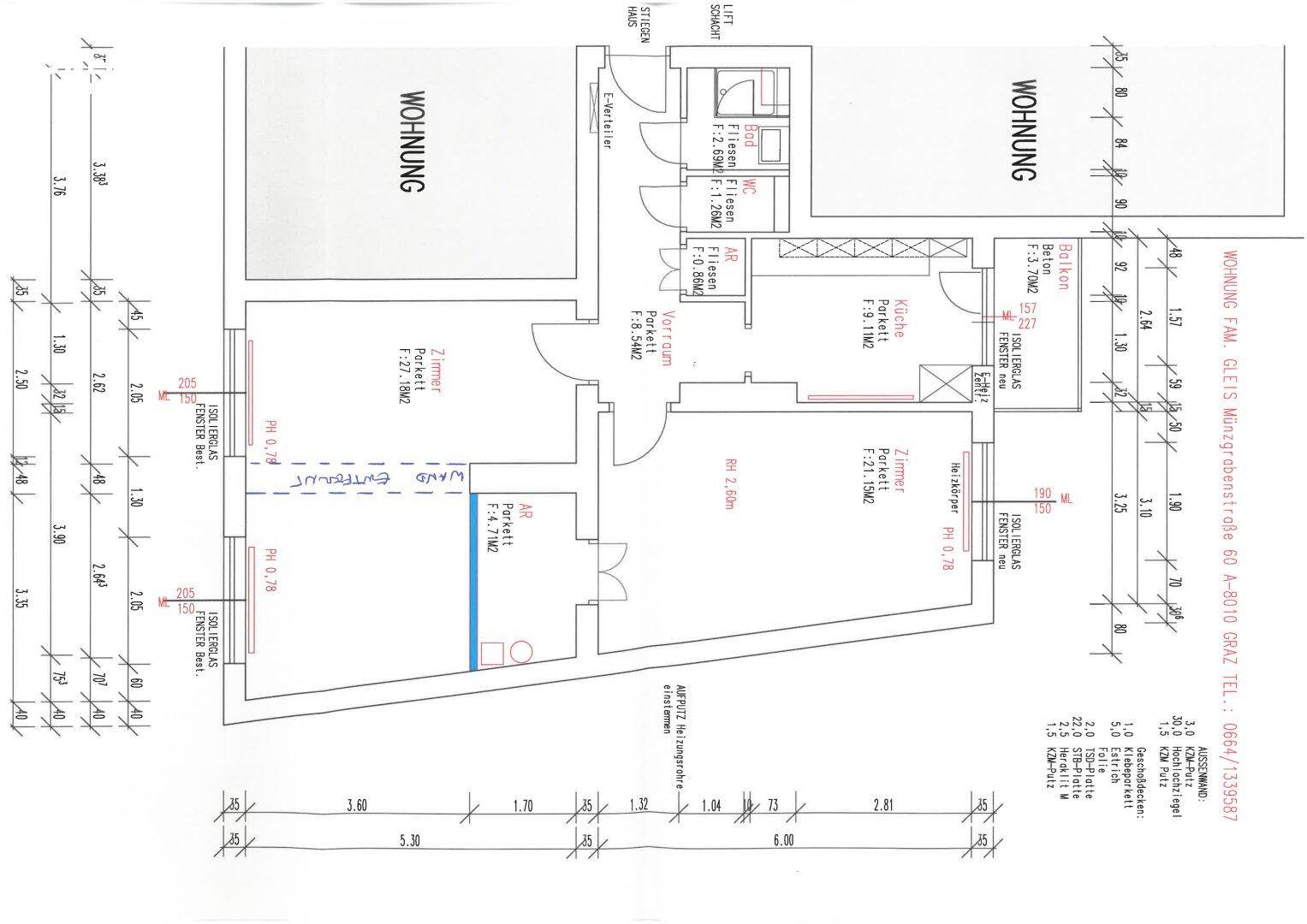 Grundriss einer Wohnung mit mehreren Zimmern und Balkonzugang.