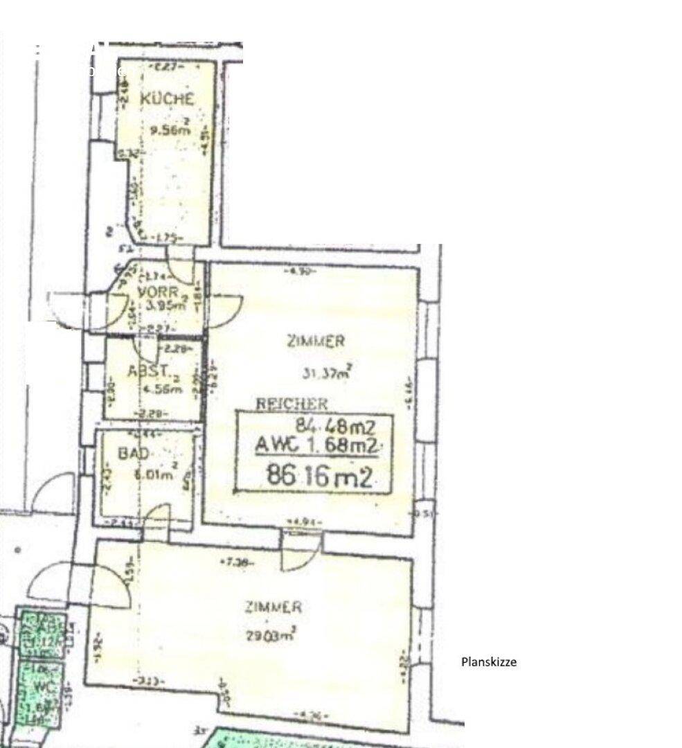 Grundrissplan einer Wohnung mit Küche, Bad, separatem WC, Abstellraum und zwei weiteren Zimmern.