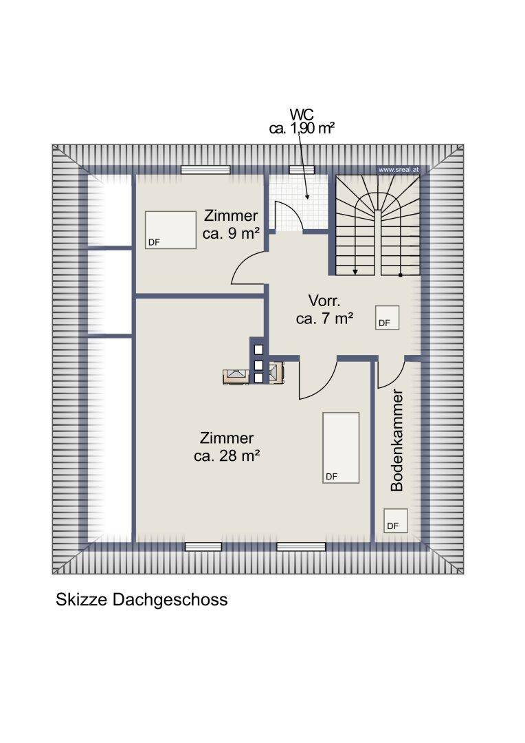 Grundriss des Dachgeschosses mit zwei Zimmern, separatem WC und Bodenkammer.