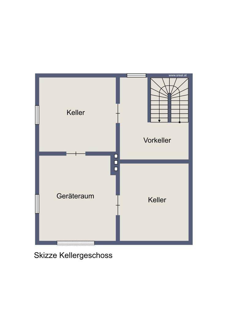 Grundriss des Kellergeschosses mit mehreren Kellerräumen und einem Geräteraum.
