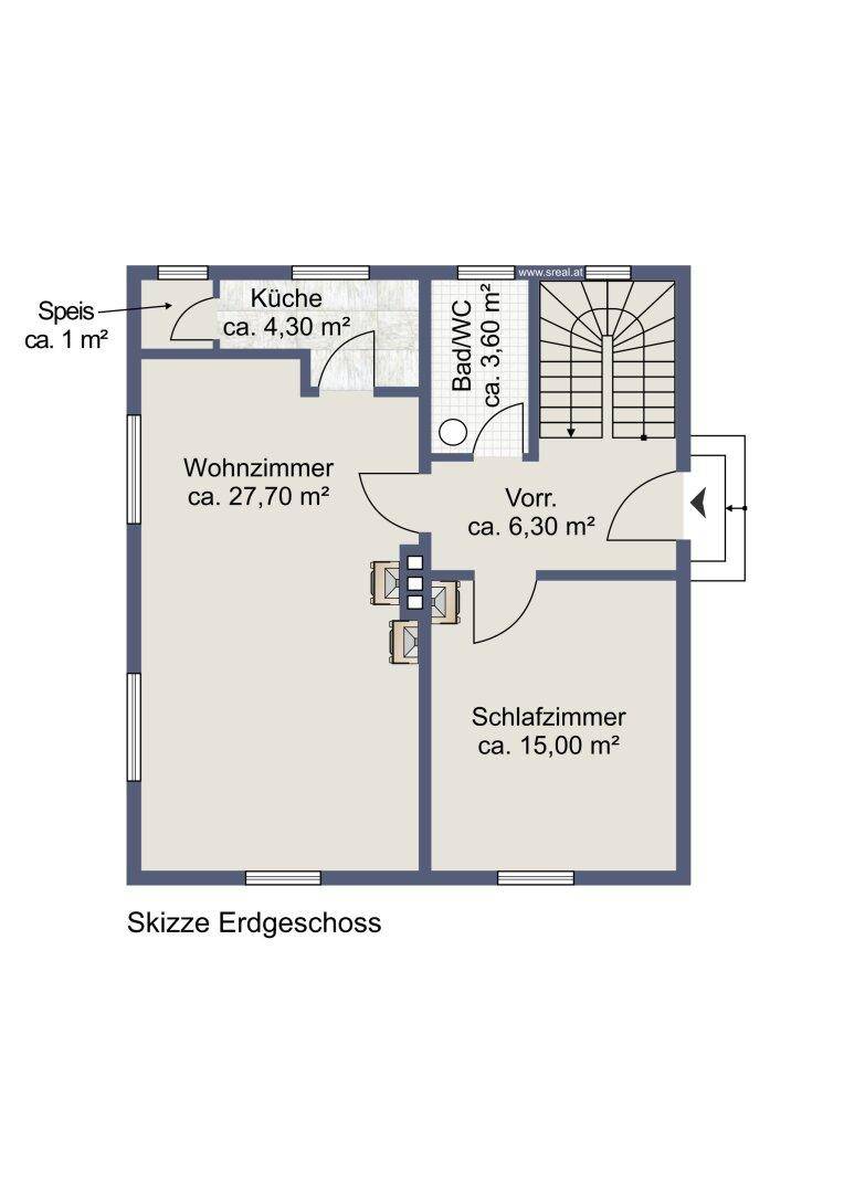 Grundriss des Erdgeschosses mit Wohnzimmer, Küche, Schlafzimmer und Bad/WC.