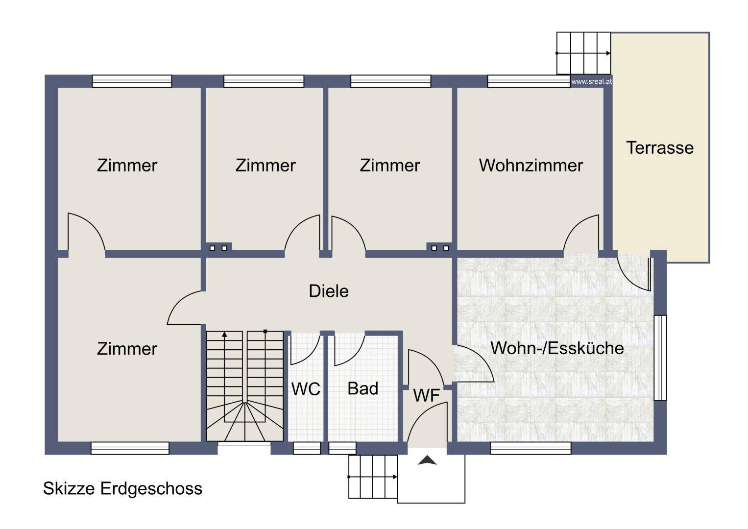 Grundriss des Erdgeschosses mit mehreren Zimmern, Wohnküche und Terrasse.