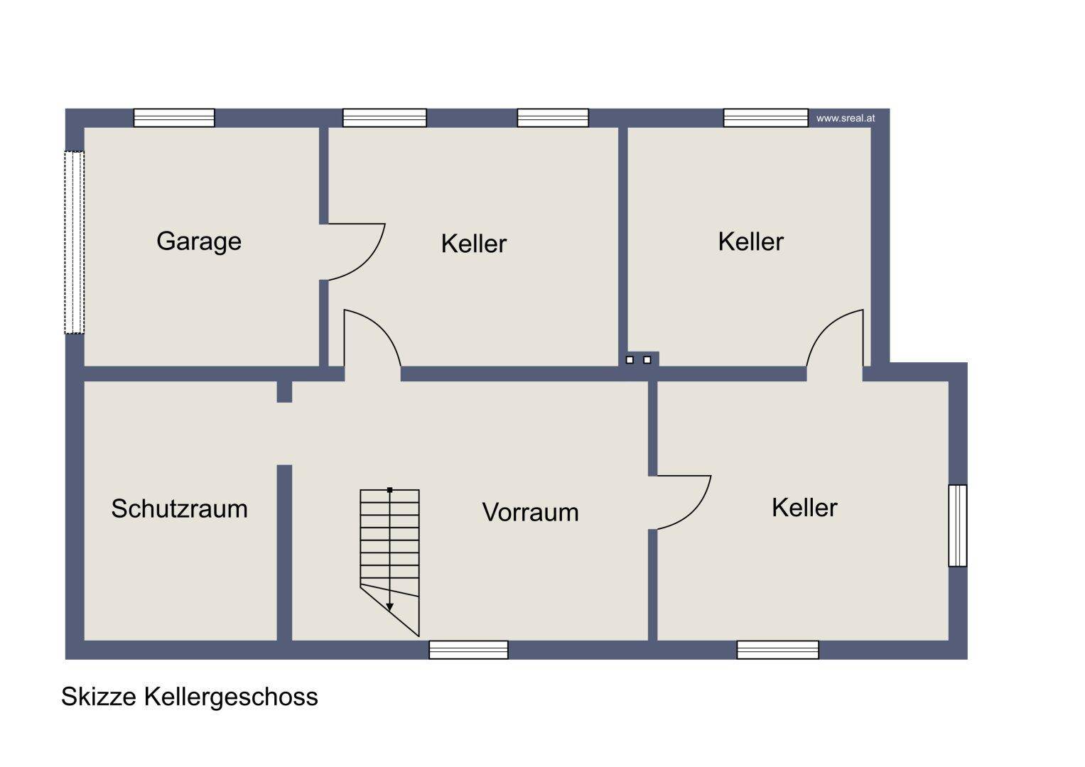 Grundriss des Kellergeschosses mit Garage, Schutzraum und Kellerräumen.